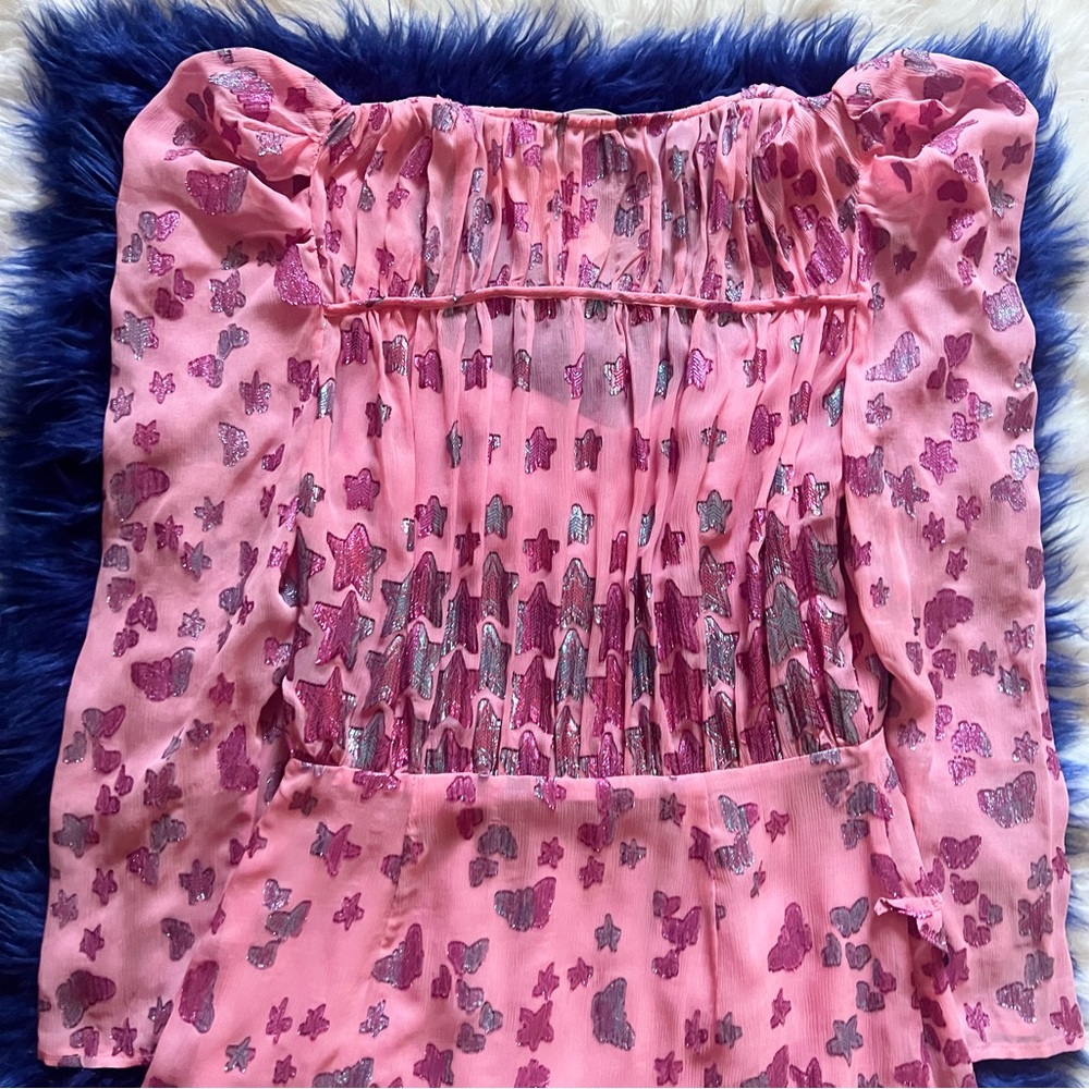 New! LoveShackFancy Caden Metallic Star Silk Dress in Pink - Picture 10 of 14